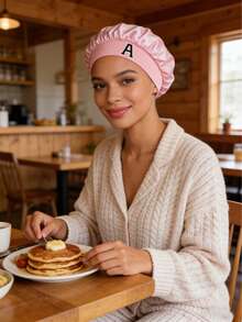 1 pieza Diadema elástica con 26 letras a rayas, gorro de dormir de satén suave para mujer, gorro de ducha suave y elástico, gorro de dormir ajustable para damas, adecuado para el cabello - Rosa - Ver 5