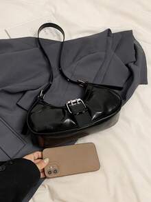 1 件女士复古软皮摩托车包，饰有铆钉、搭扣、褶皱和云朵装饰，可用作单肩包、斜挎包和手拿包，适合工作、通勤、约会、派对等场合，新月形时尚酒红色手提包，灵感设计 - 黑色 - 查看 9