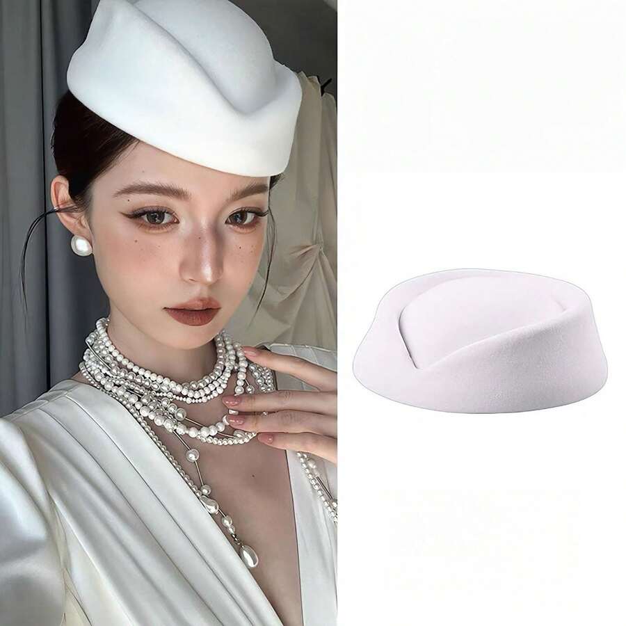 1pc Flight Attendant Hat Band, Felt Round Cap Vintage Beret Hat, Cabin Crew Costume Accessory, Gift For Women - Multicolor - View 1