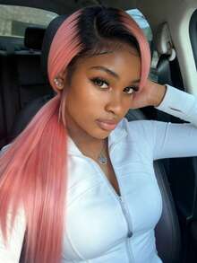 Ombre Light Pink With Dark Roots 13x4x1 HD Transparent Natural Straight Lace Front Wigs Human Hair Pre Plucked With Baby Hair T Part Human Hair Wigs For Women Ombre Baby Pink 250 Density Long Straight Glueless Wigs Human Hair - 根植與漸變 - 查看 6