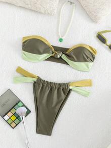 女士全新时尚性感无肩带比基尼套装，拼色拼接比基尼套装夏季海滩 - 軍綠色 - 查看 4