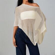 Women Sheer Mesh Poncho Top Crochet Knit Lightweight See Through Shawl Wrap Summer Oversized Loose Shrug Beachwear Swimsuit Bikini Cover Ups - 米色 - 查看 8