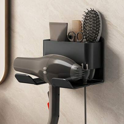 1pc No Drill Hair Dryer Holder, Wall Mounted Aluminum Bathroom Hair Dryer Rack With Storage Basket, Space Saving For Most Hair Dryers