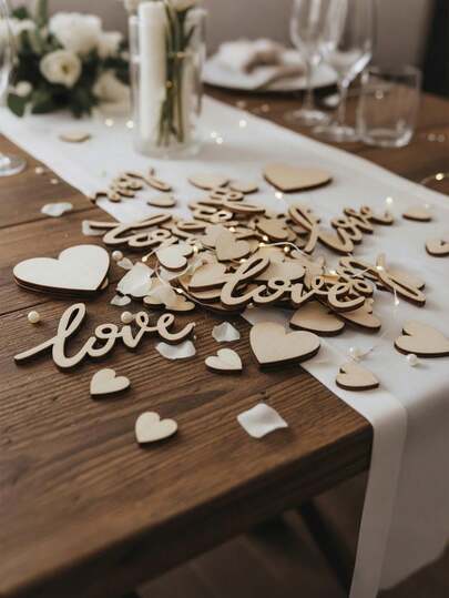 100个木质爱心纸屑和心形混合天然乡村风婚礼餐桌装饰DIY剪纸工艺品，婚礼用品
