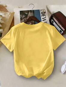 Girls' Bow Print Round Neck T-Shirt, Casual & Soft Top For Spring/Summer - Yellow - View 2