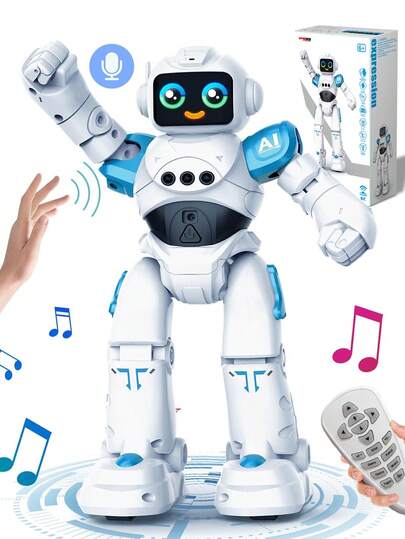 1 pieza Juguete robot de control remoto inteligente con función de canto y baile, con control de gestos y funciones programables. Robot con reconocimiento de gestos capaz de patrullar, cantar y bailar. Admite control remoto programable, control de gestos, evitación de obstáculos, canto y baile, programación inteligente, demostración automática. Juguete robot de control remoto recargable, adecuado como regalo de cumpleaños/Navidad/Halloween/Pascua para niños y niñas de 3 a 12 años.
