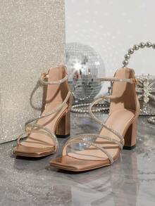 Square Toe Thick High Heel Rhinestone Decorated Elegant Glamorous Sandals, Suitable For Banquet Party, Fashion Versatile - Champagne - View 6