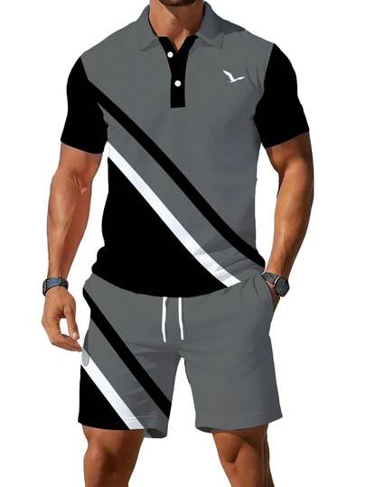 Bộ áo polo nam mùa hè tay ngắn in họa tiết cài nút, bộ đồ thể thao ngoài trời, áo và quần short thoáng khí.