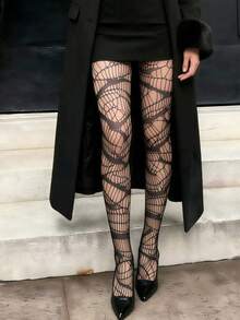 1 Piece Women's Bat Web Pattern Tights Sheer Mesh Pantyhose High Waist Stretch Stockings For Halloween Party Gothic Streetwear - Black - View 9