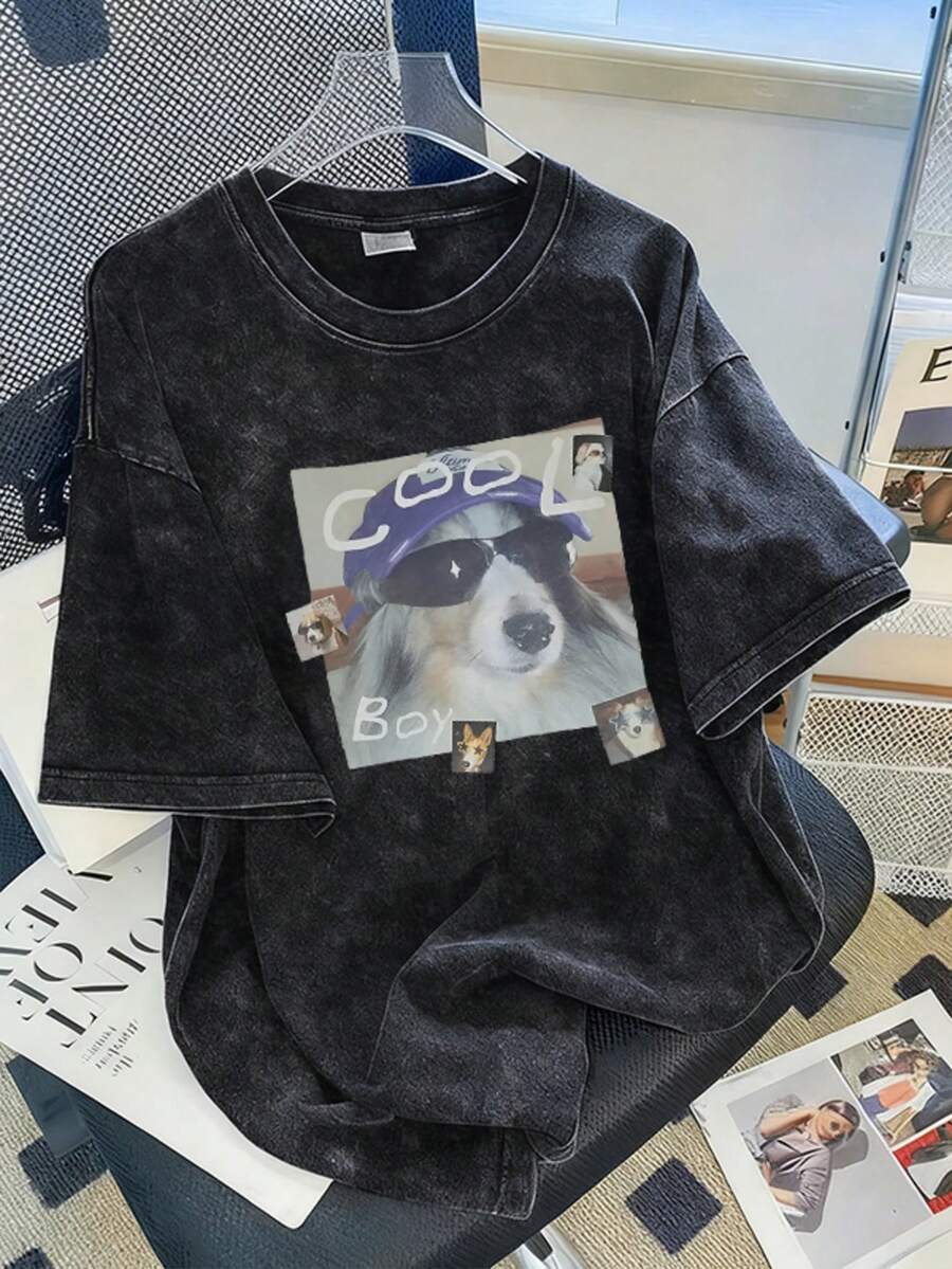 2026 Summer New Women Casual Loose Round Neck Tee, Puppy Print American Style Streetwear Funny Versatile Washed Short Sleeve T-Shirt - Black - View 1