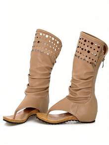 Women's Summer Boots Open Toe Hollow Hole Summer Boots Clip Toe  Knee High Boot Summer Sandals For Outdoor  Party Dress Fashion  Gladiator Sandals - 卡其色 - 查看 3