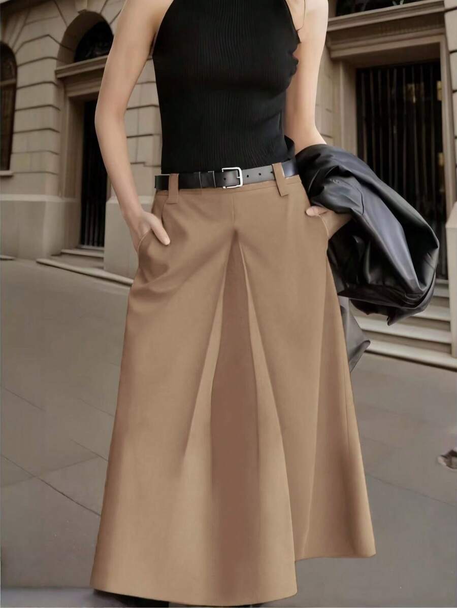 女士时尚黑色A字中长裙 - 高腰，A字裙摆设计，涤纶面料，适合通勤或休闲穿着，四季皆宜（无需腰带）春季 - 淺卡其色 - 查看 1