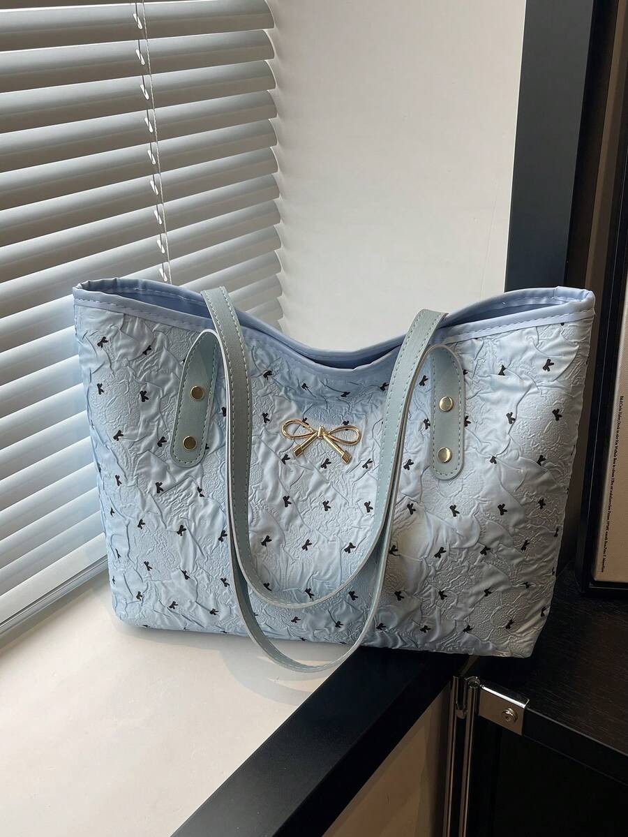 2025新款休闲大容量菱形图案纯色蝴蝶结手提包，简约时尚手提包 - 藏蓝色 - 查看 1