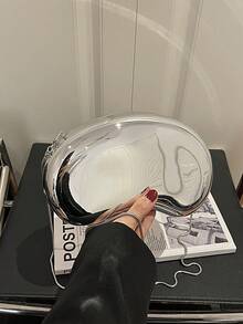 金属银色镜面不规则手拿包，优雅链条单肩包，奢华派对手提包，时尚百搭手机零钱包 - 銀色 - 查看 2