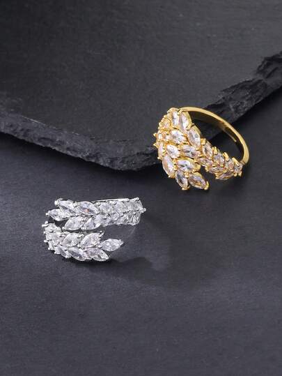 1pc Luxury Sparkling Teardrop Encrusted Natural Leaf Design Open Ring, Versatile For Daily Wear, Party, Date, Wedding, Eid/Ramadan Blessing Gift