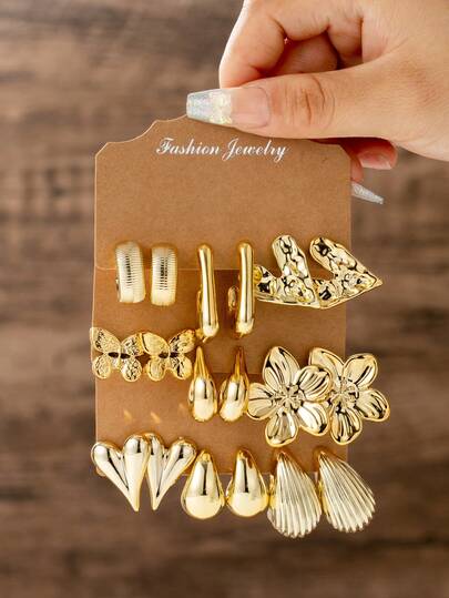 European And American Cross-Border Retro Fashion Exaggerated Water Drop Flower Butterfly Heart Earring Set, Personalized Earrings, Gold CCB Card Earrings For Women