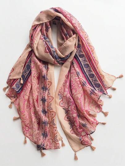 1pc Lightweight Printed Scarf With Tassels, Elegant Design Fashion Shawl For Women, Breathable Chiffon Scarves For Spring/Summer, Versatile Headscarf, Beach Wrap