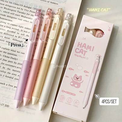 4pcs Creative Cat Style 0.5mm Quick-Drying Gel Pens, Black Ballpoint Pens For Office Supplies
