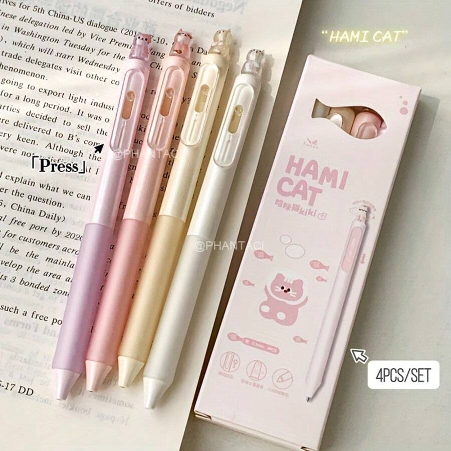 4pcs Creative Cat Style 0.5mm Quick-Drying Gel Pens, Black Ballpoint Pens For Office Supplies