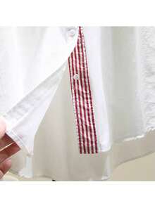 条纹拼接白色长袖衬衫，宽松休闲修身春季款 - 紅色 - 查看 5