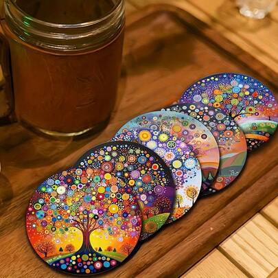 6pcs Wooden Coasters - Colorful Tree Of Life Design, Artistic Non-Slip Base Placemats, Heat-Resistant Non-Slip Decorative Coasters, Kitchen Accessories Home Decor Gifts