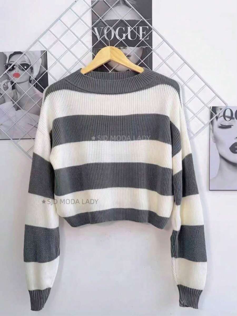 SJD MODA LADY Striped Sweater Knit Modal Off Shoulder Super Autumn Winter Korean Style Best Fabric - Gray and White Stripe - View 1