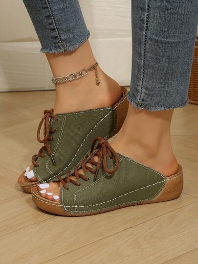 Summer New Girls' Retro Open Toe Sandals, Lace-Up Military Green Wedge Heel, Non-Slip Durable Soft Breathable, Comfortable For Daily Wear Indoor Outdoor Commuting, Lightweight Easy To Wear Personalized Design Youth Casual Slippers