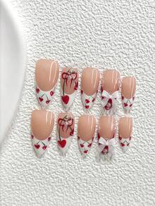 10件套樱桃甜美美甲套装，亚克力美甲装饰，3D蝴蝶结，手绘红樱桃，白色珍珠，白色指甲油，浪漫夏日美甲，包含美甲工具（1个果冻贴+1个指甲锉），3种尺寸：杏仁形、鸭嘴形、棺材形，适合日常、派对、拍照、婚礼、春夏手工按压式美甲 - 彩色 - 查看 18