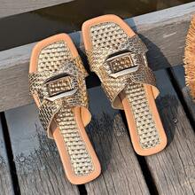 夏季新款方头金色编织金属扣单带凉鞋，欧美风方头平底凉鞋，女士款 - 金色 - 查看 9