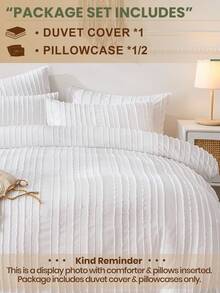 Bộ chăn ga gối 2/3 món, màu trắng, mềm mại và ấm áp, thân thiện với da, họa tiết sọc lượn sóng màu trơn, thoải mái, chống xù lông, bao gồm vỏ chăn và vỏ gối (kích cỡ S), không bao gồm chăn bông, phù hợp với giường đơn, giường đôi, giường cỡ Queen, giường cỡ King, nhiều kích cỡ có sẵn, có thể giặt máy, phù hợp cho mùa tựu trường, trang trí mùa thu, trang trí phòng ngủ. - trắng - Xem 3