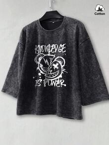 Áo thun nam mùa hè phong cách hip-hop đường phố, dáng vuông, họa tiết, hơi co giãn, màu đen mài, thích hợp mặc hàng ngày. - màu đen - Xem 1