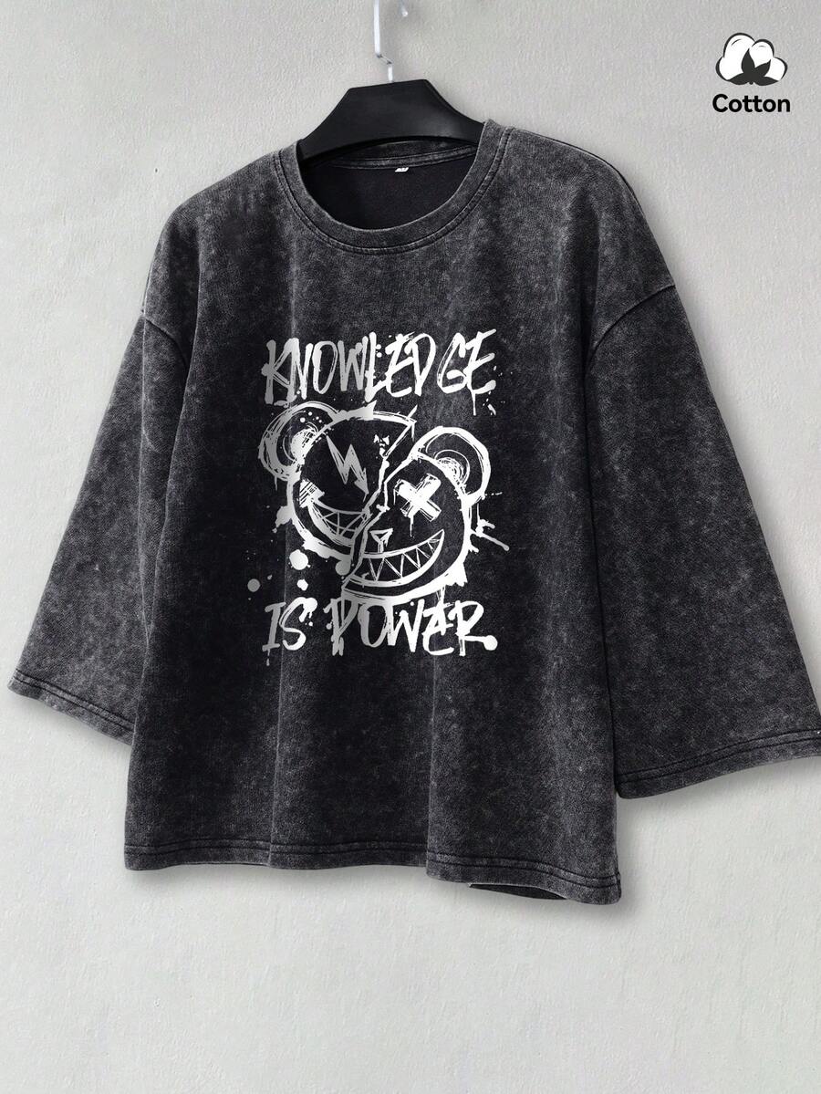 Áo thun nam mùa hè phong cách hip-hop đường phố, dáng vuông, họa tiết, hơi co giãn, màu đen mài, thích hợp mặc hàng ngày. - màu đen - Xem 1