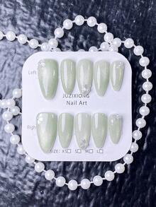 10片手工制作的按压式美甲贴片，假指甲，短款美甲，亚克力材质，夏季美甲，绿色美甲，表面饰有仿珍珠和花瓣美甲配件，清新优雅的风格，非常适合春季，包含美甲工具。手工制作的按压式美甲贴片 - 薄荷綠 - 查看 2