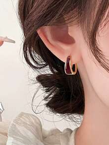1对简约奢华日常百搭耳环，适合聚会等场合，优雅几何镂空酒红色时尚小耳环，女士款 - 酒紅色 - 查看 3