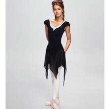 Daydance1 女士芭蕾舞紧身衣 V领舞蹈紧身衣蕾丝拼接体操紧身衣成人芭蕾舞者泡泡袖芭蕾舞连体衣 - 黑色 - 查看 4