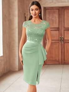 MIUSOL Đầm ôm sát thanh lịch với ren tương phản và đính sequin, viền bèo nhún, vạt áo quấn, kiểu dáng bán trang trọng dành cho nữ, thích hợp cho tiệc cocktail, kỳ nghỉ, lễ tốt nghiệp, tiệc tối mùa hè. - Màu xanh Bạc hà - Xem 4