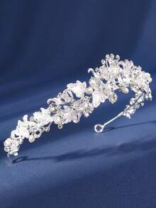 1pc Fashionable Crystal Flower Crown, Handmade Alloy Rhinestone & Pearl Princess Tiara Headband, Suitable For Birthday, Wedding, Party Occasions - Silver - View 8