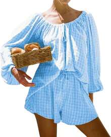 Women Plaid Outfit, Long Sleeve Tie-Up Crew Neck T-Shirt With Elastic Waist Shorts Summer Outfit - 淺色水洗藍 - 查看 2