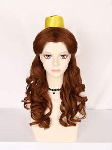 Vintage Royal Brown Long Curly Wig With Satin Bun, Natural Scalp High Temperature Fiber Wig For Cosplay, Masquerade Party & Stage Performance Full Head Wig - Brown - View 10