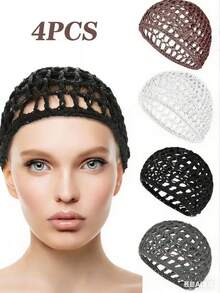 4pcs Hair Net Caps, Sleep Hair Net Caps, Protective Hair Covers For Long Straight/Curly Wigs, Black Mesh Wrap Caps, Braided Wave Chef Hats, Hair Bun Booster Bands, Knitted Sewing Ballet Dance Caps For Women,Summer,Beach - Multicolor - View 1