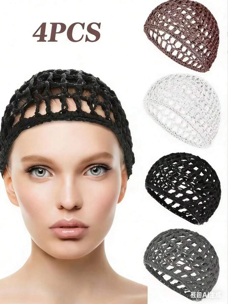 4pcs Hair Net Caps, Sleep Hair Net Caps, Protective Hair Covers For Long Straight/Curly Wigs, Black Mesh Wrap Caps, Braided Wave Chef Hats, Hair Bun Booster Bands, Knitted Sewing Ballet Dance Caps For Women,Summer,Beach - Multicolor - View 1