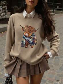 女士休闲保暖奶牛印花上衣，返校季，2026年开学第一天 - 駝色 - 查看 3