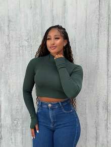 Women's Ribbed Long Sleeve Cropped High Neck Top With Thumb Loops - Dark Green - View 2
