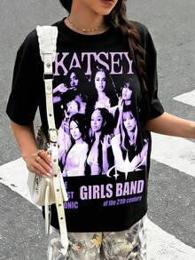 Spring And Autumn Round Neck Short Sleeves For Girls - KATSEYE Members - Printed Pattern Design Round Neck T-Shirt, Pattern T-Shirt Pullover, Girls' Top, 180g Polyester Soft Fabric, Suitable For Giving Gifts To Children For Back To School, Parties, Outdoors, Travel Wear - màu đen - Xem 3