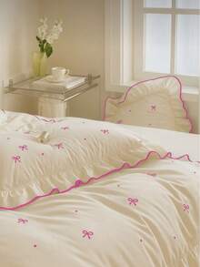 荷叶边三件套双人尺寸被套套装（不含床单） - 100% 纯棉，200x220 厘米被套和两个 50x70 厘米枕套 - 柔软、优雅、透气 - 土耳其制造 - 粉色 - 查看 1