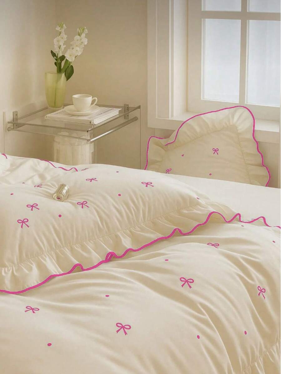 荷叶边三件套双人尺寸被套套装（不含床单） - 100% 纯棉，200x220 厘米被套和两个 50x70 厘米枕套 - 柔软、优雅、透气 - 土耳其制造 - 粉色 - 查看 1