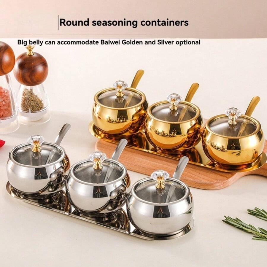 1 Set dicke Edelstahl Gewürzgläser, geeignet für Küchen Salz- & Zuckerdosen, Gewürzbehälter mit Löffel und Deckel, kreative Sojasaucenflasche, Salz- & Pfefferstreuer, abgedeckte Gewürzaufbewahrungsbehälter, Küchenhelfer & Dekoration