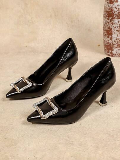 Women's Pointed Toe Stiletto Heel Pumps, Elegant Rhinestone Square Buckle Slip-On Heels, Fashion Black Dress Shoes For Office Work Party Wedding