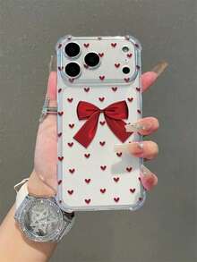 1pc Heart & Bow Shockproof Anti-Slip Transparent Phone Case, Compatible With IPhone 16 Pro Max, 11/12/13/14 Plus/16e Soft Protective Cover, XR/7/8 Plus/15 Pro Max/16, Also Fits 17/17 Pro/17 Pro Max/17 Air - Clear - View 2