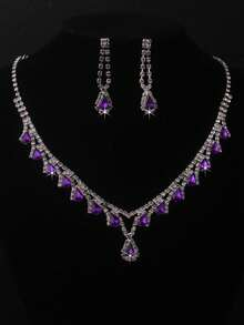 Bridal Jewelry Set, Purple/Blue/Red Necklace & Earrings Set, Wedding Dress Accessories, Necklace & Earrings For Women, Stage Performance Decorations - necklace+earring set - View 1